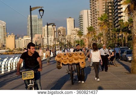 Beirut, Lebanon. May 29th 2012 
Beirut Corniche A Palm Lined Promenade Beside The Mediterranean Sea,