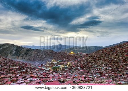 Larung Gar (buddhist Academy) In Sunset, Sichuan, China.