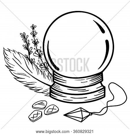 Magic Crystal Ball For Divination. A Magic Prediction Ball With Magic Things Around It. Perfect For 