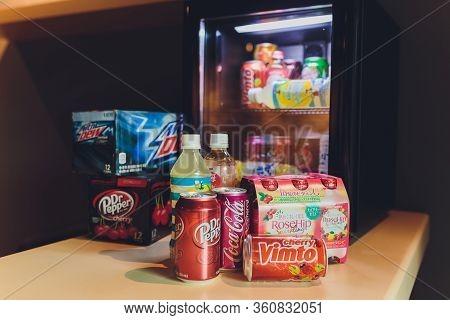 Ufa, Russia, Soda Shop, 3 July, 2019: Grocery Store Shelf With Various Brands Of Soda In Cans. Pepsi