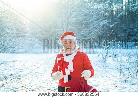 Grandfather Santa Walks In Forest. Cold December. Happy New Year. Wish You Merry Christmas. Thanksgi