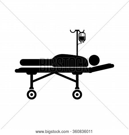 A Man Lies In A Hospital Bed With A Connected Dropper Icon. Vector Illustration Of Medication Treatm