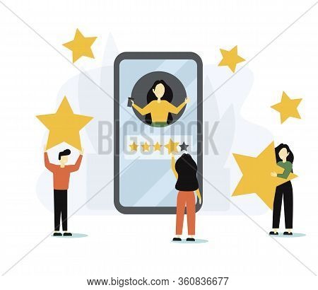 Group Of People Leaving Five Star Rating And Giant Smartphone. Customer Experience And Satisfaction,