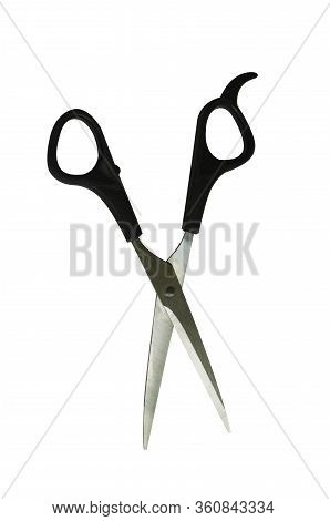 Silver Professional Scissors For Cutting. Isolated Object On White Background. Working Tool Of A Hai