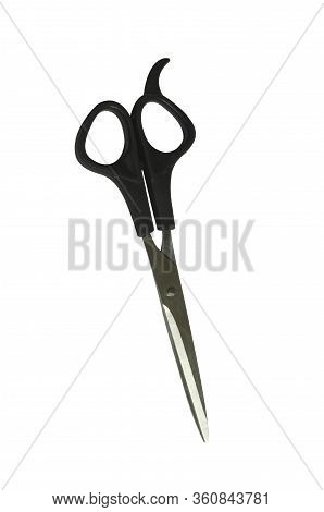 Silver Professional Scissors For Cutting. Isolated Object On White Background. Working Tool Of A Hai