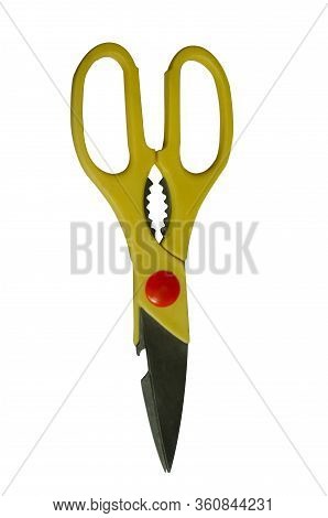 Yellow Kitchen Scissors Isolated On White Background.