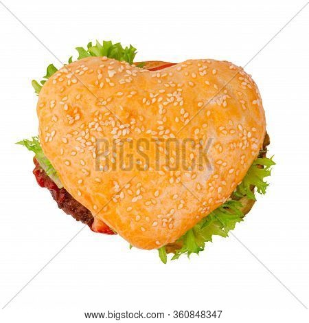 Heart Shape Burger Cheeseburger Hamburger, Love Burger Fast Food Concept, Isolated On White Backgrou