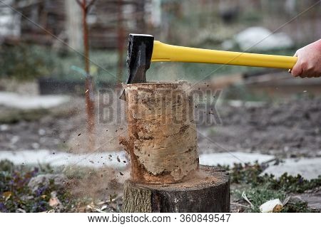Ax Chopping Wood For Logs, Spring, Village