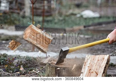 Ax Chopping Wood For Logs, Spring, Village