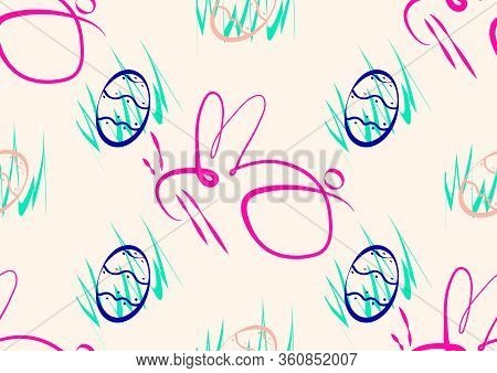 Seamless Pattern With Easter Bunnies And Eggs. Idea For Greeting Card, Wrapping Paper. Bright Easter
