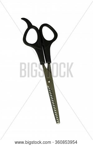Black Professional Scissors For Cutting. Isolated Object On White Background. Working Tool Of A Hair