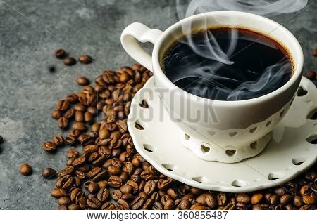 Coffee Background. Coffee Beans And Cup On Dark Backgrpund. Coffee Banner For Menu, Design And Decor