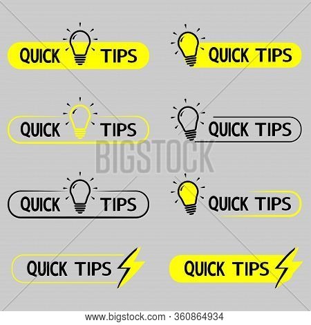 Quick Tips. Yellow Lightbulb Icon With Quicks Tip Text. Helpful Idea, Solution And Trick Illustratio