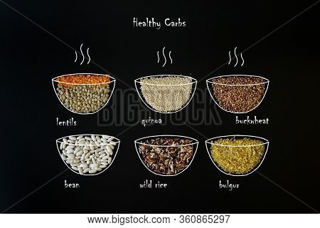 Diet Food Background Concept, Healthy Carbohydrates Carbs Products. Different Cereals And Garnish - 