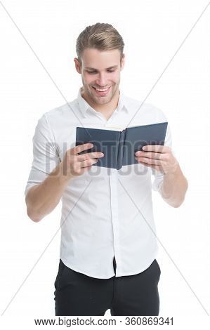Read Good Book. Happy Guy Read Book Isolated On White. Handsome Man Read Avidly. Student Of Language