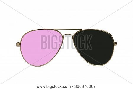 Aviator Glasses With Gold Frame Isolated On White Background. Look Through Rose-black Glasses.