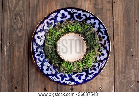 Georgian National Dish Dolma On Blue Plate