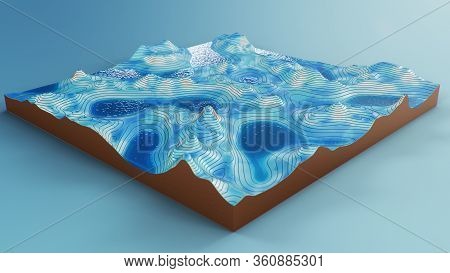 Cross Section Topographic 3d Map With Water. Contour Lines On A Topographic Map. Studying The Geogra