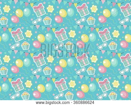 Happy Birthday Seamless Pattern. Party Repeating Texture With Gerland, Sweets, Gift. Holiday Endless