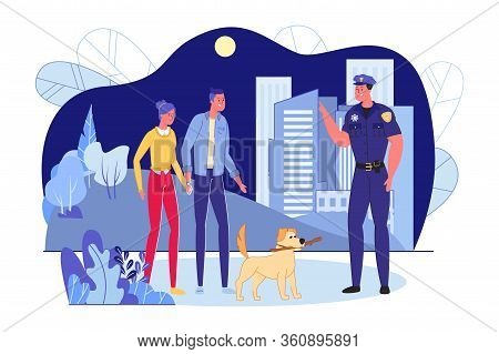 Policeman Keeps Order And Patrolling City Streets. Police Officer Remarking Teenagers About Curfew A