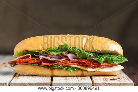 Salami Sandwich On Baguette With Linen Backdrop