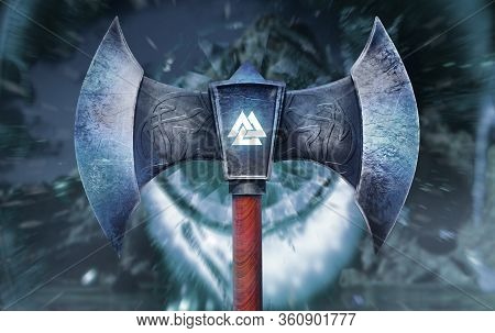 3d render illustration of frozen viking axe with glowing Valknut symbol front view.