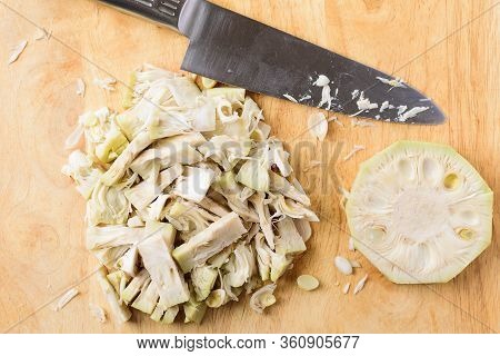 Boiled Young Jackfruit And Sliced On Wooden Board For Asian Food Cooking, Top View
