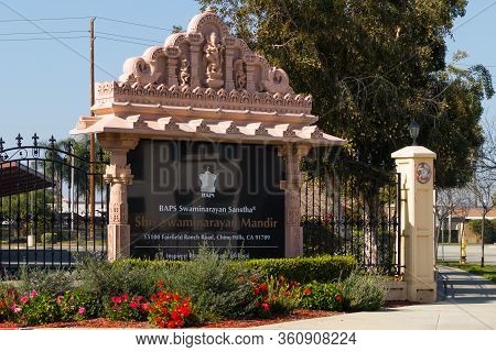Chino Hills, California/usa - February 7, 2020: A Sign At The Entrance Gate Of The Baps Shri Swamina