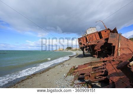 Wreckages On San Gregorio Beach, Chile Historic Site. Beached Ships