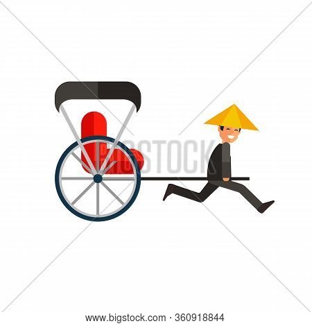 Image Of Japanese Rickshaw Pulling Two-wheeled Cart With Red Passenger Seat