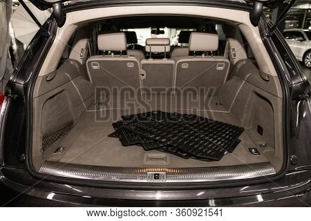 Novosibirsk/ Russia - April 02, 2020: Audi Q7, Rear View Of A Car With An Open Trunk. Exterior Of A 