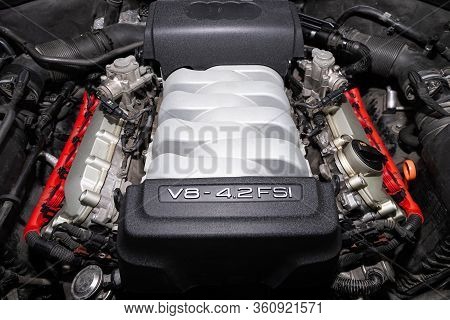 Novosibirsk/ Russia - April 02, 2020: Audi Q7, Car Engine Close-up. Internal Combustion Engine, Car 