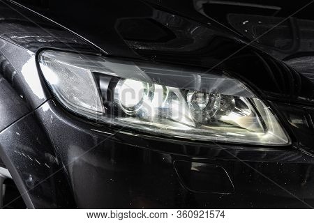 Novosibirsk/ Russia - April 02, 2020: Audi Q7, Close Up Of The Car Detailing: Beauty Clean Headlight