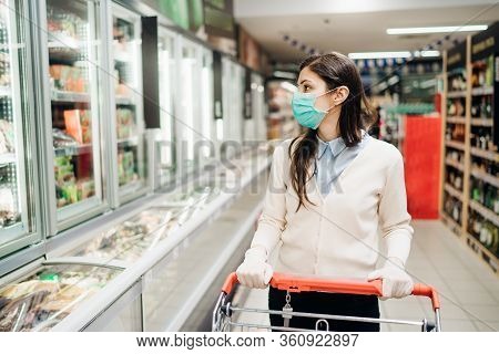 Shopper With Mask Safely Buying For Groceries Due To Coronavirus Pandemic In Grocery Store.covid-19 