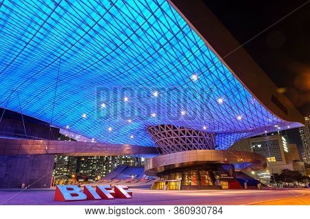 Busan, South Korea - 1 April, 2019:night Shot Of Busan Cinema Center Is The Official Venue Of The Bu