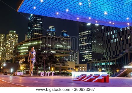 Busan, South Korea - 1 April, 2019:night Shot Of Busan Cinema Center Is The Official Venue Of The Bu