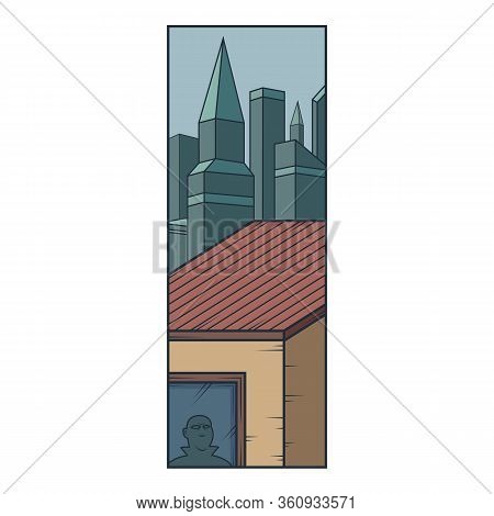 Cityscape Of Skyscrapers. House Roof, Male Character In The Window.flat Minimal Linework Hand Drawin