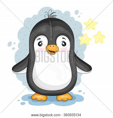 Cute Cartoon Penguin. Vector Print. Good For Greeting Cards, Invitations, Decoration, Print For Baby