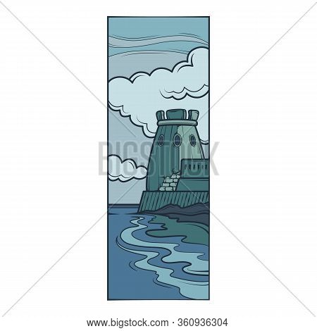 Fortress Tower On The Seashore, Against The Background Of Clouds. Stone Breakwater.flat Minimal Line