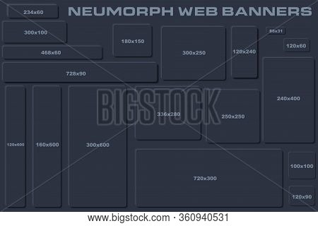 Standard Size Neumorphic Ui Web Banners Templates. Dark Set Skeuomorph Trend Design. Editable Vector