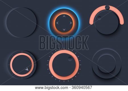 Neumorphic Ui Circle Dark Set. Workflow Graphic Elements In Skeuomorph Trend Design. Circular Elemen