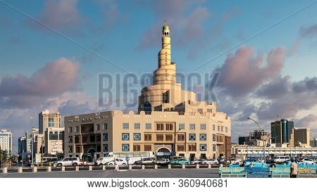 Doha, Qatar - February 2019: Al Fanar Mosque, Also Known As The Spiral Mosque Under Dramatic Clouds