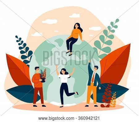 Earth, Men With Plants And Women Flat Vector Illustration. Tiny People Saving World Ecology And Huge