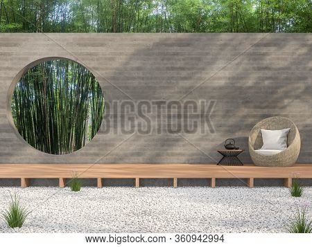 Zen Garden Style Idea 3d Render,there Are White Stone Ground,wooden Terrace,blank Concrete Wall With