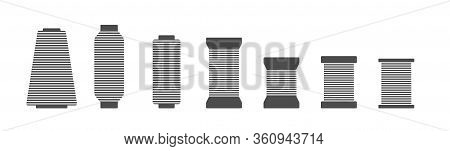 Spool And Bobbin Silhouette Icon Set Vector Illustration. Black Bobbin Silhouette With Outline Needl