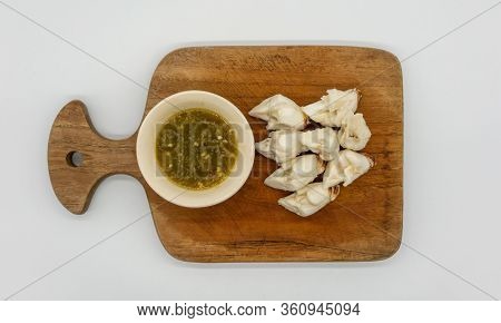 Jumbo Lump Of Fresh Crab Meat Aside Seafood Sauce With Green Chilli On Wooden Cutting Board Isolated