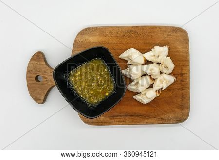 Jumbo Lump Of Fresh Crab Meat Aside Seafood Sauce With Green Chilli On Wooden Cutting Board Isolated