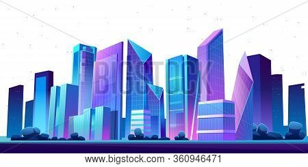 Urban Cityscape Panoramic Night Banner Vector Cartoon Illustration With Buildings, City Skyline With