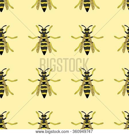 Top View Wasps Seamless Pattern On Yellow Background