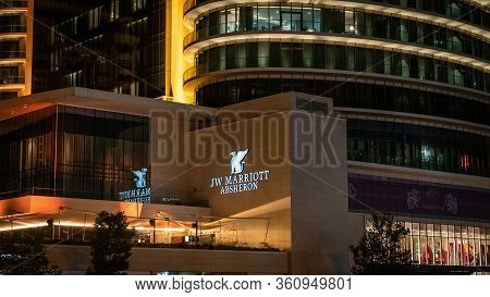 Baku, Azerbaijan - July 2019: Illuminated Signage For Baku Jw Marriott Absheron Hotel, Azerbaijan
